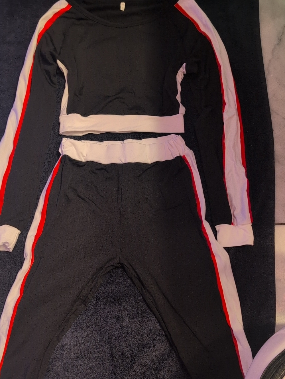 Womens Black Two-Piece Set with Red and White Stripes
